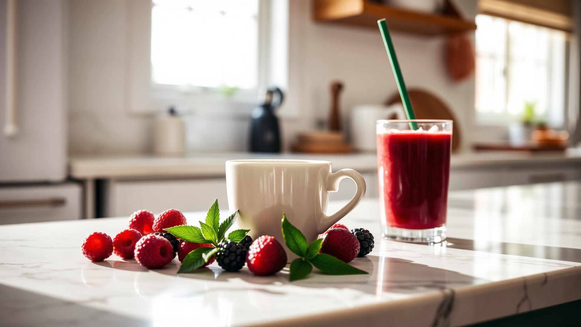 Premium clean-label lifestyle: coffee, smoothie and baked goods in a sunlit kitchen